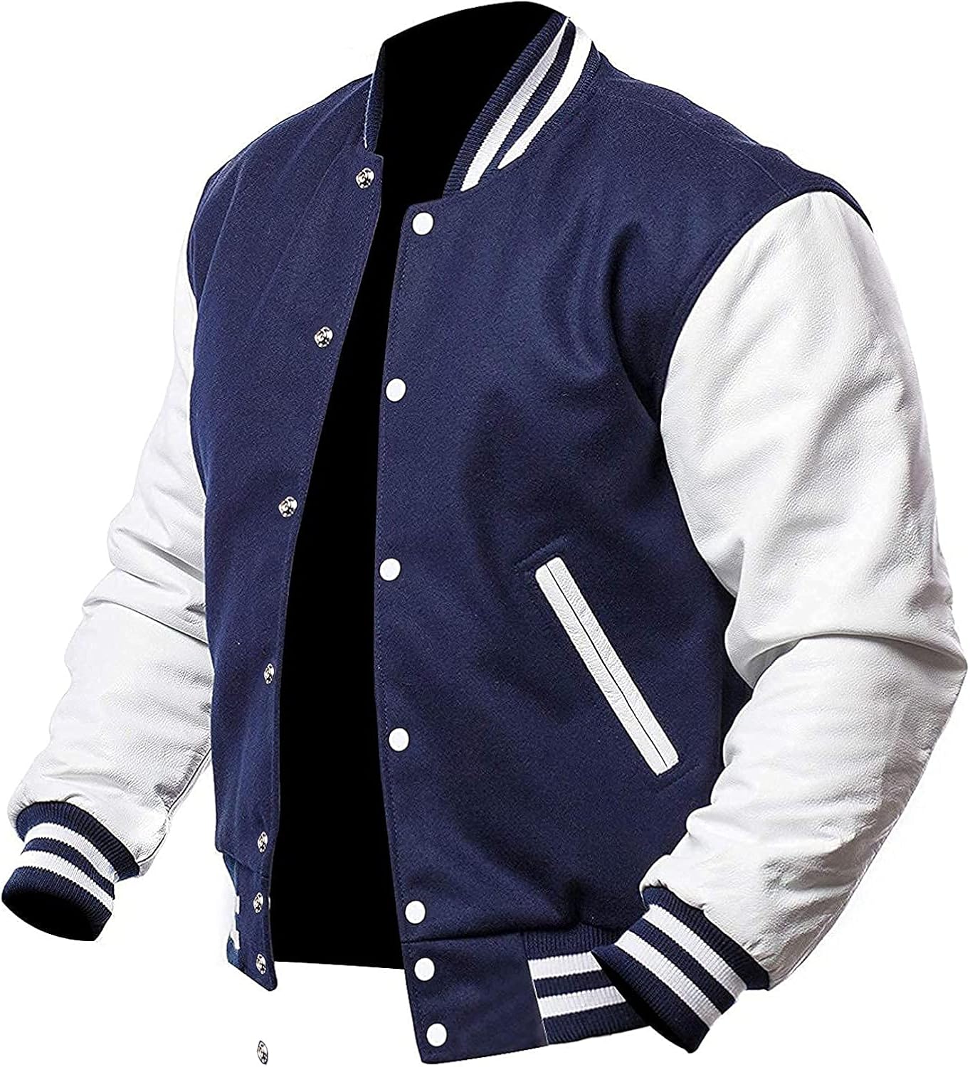 Midnight Blue & White Leather Varsity Jacket - Image 5