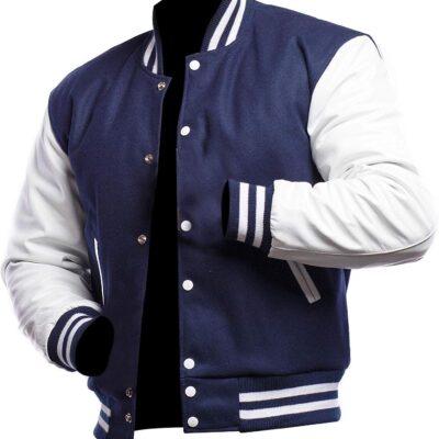 Midnight Blue & White Leather Varsity Jacket