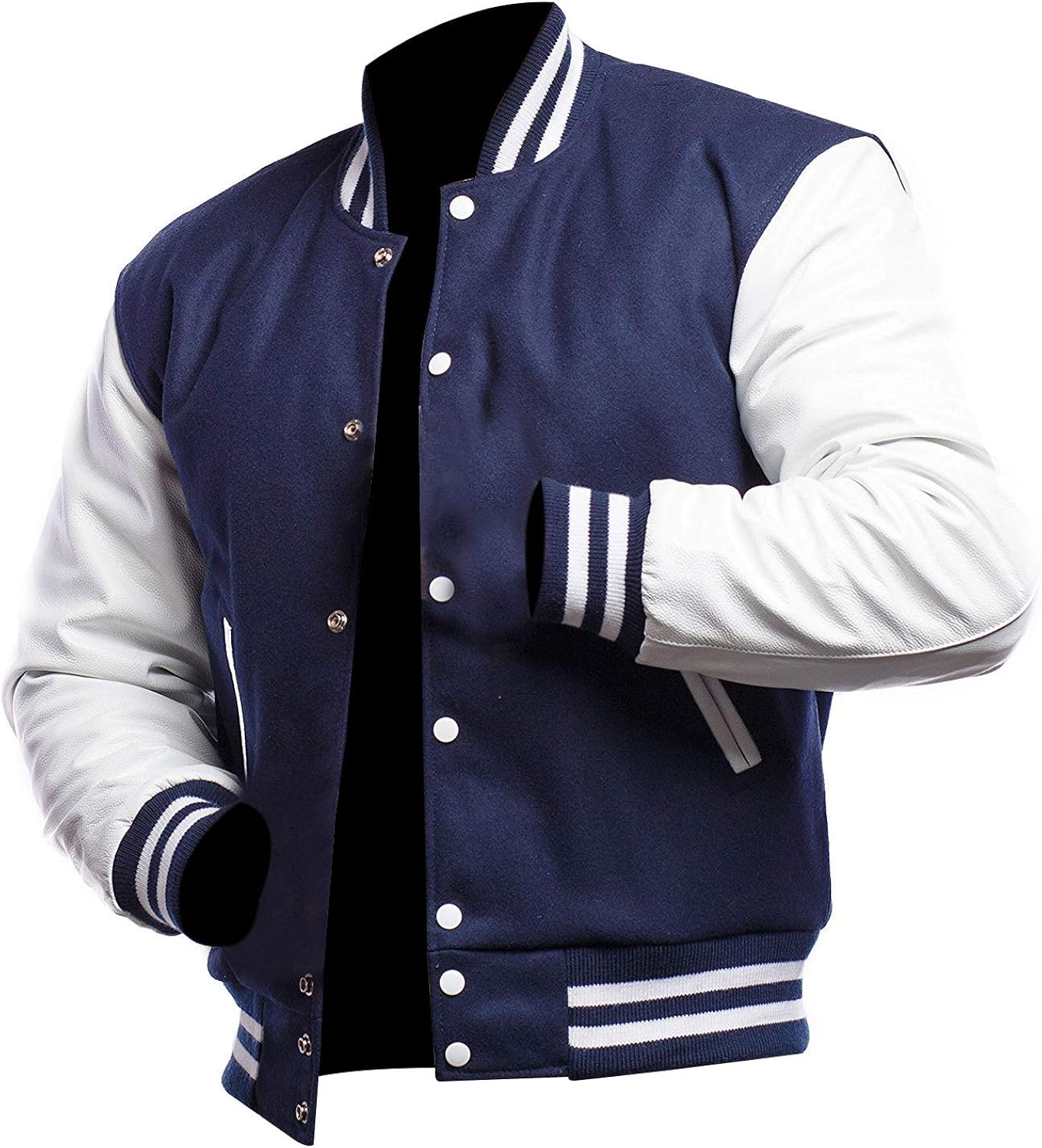 Midnight Blue & White Leather Varsity Jacket - Image 2