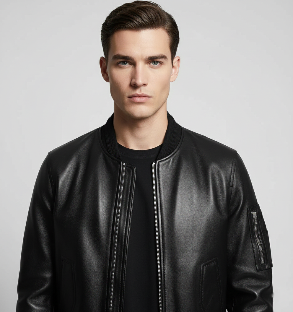 Eclipse Luxe Black Leather Bomber Jacket