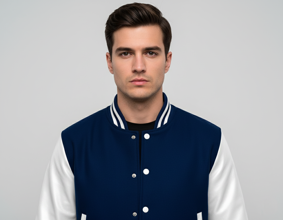 Midnight Blue & White Leather Varsity Jacket