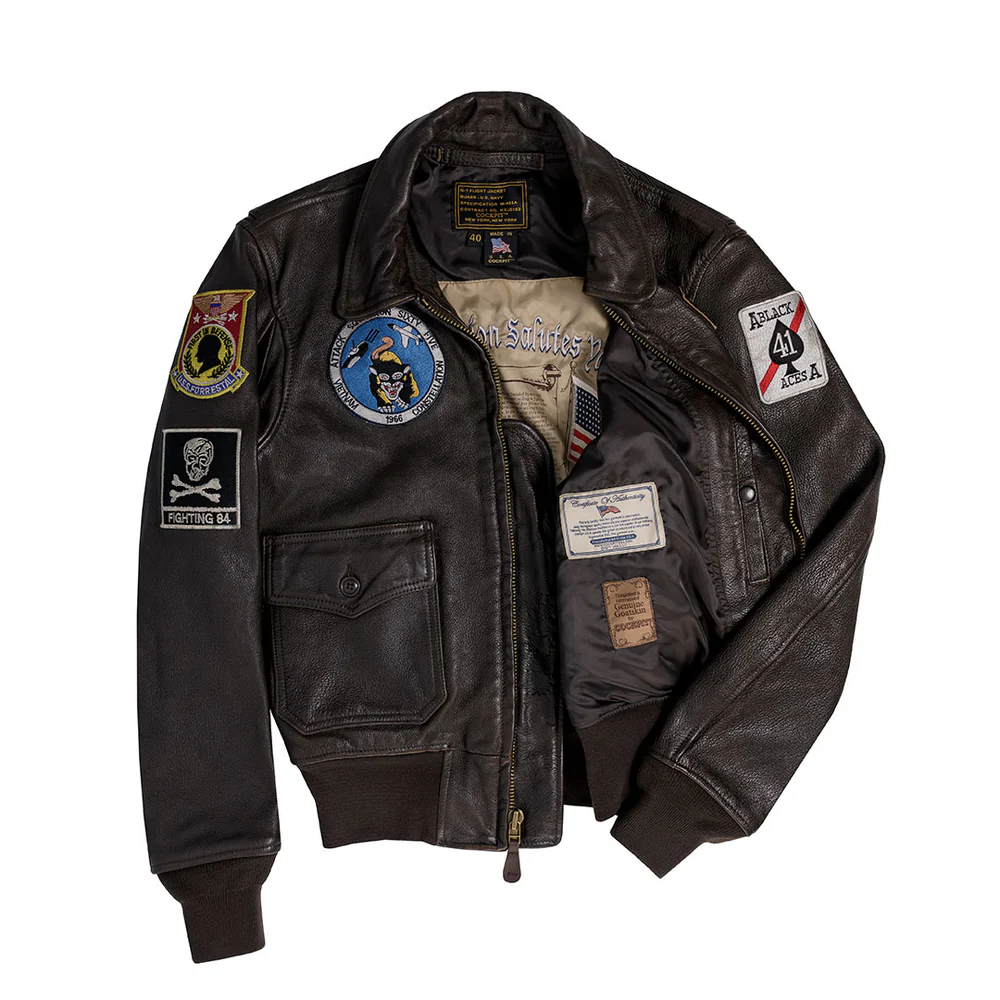 Vintage brown aviator leather jacket with WWII-style patches