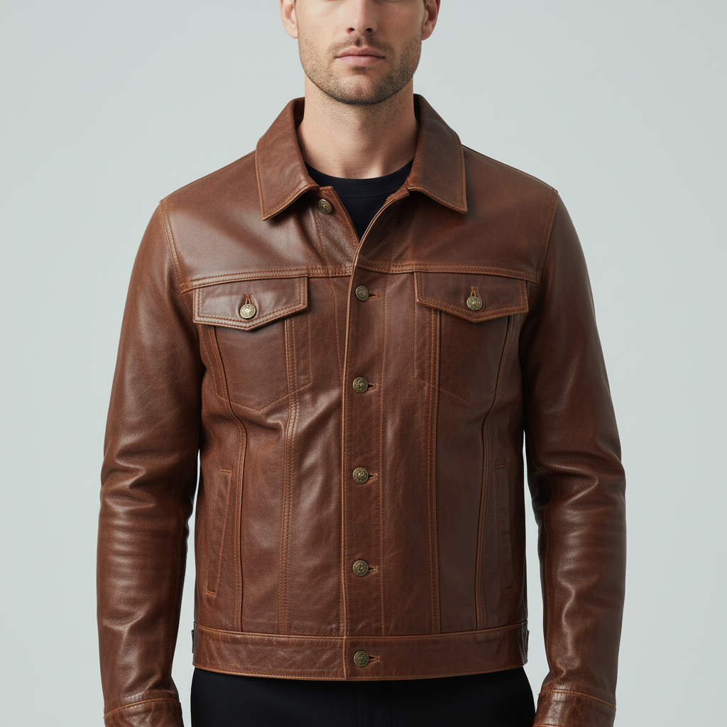 Brown Leather Trucker Jacket