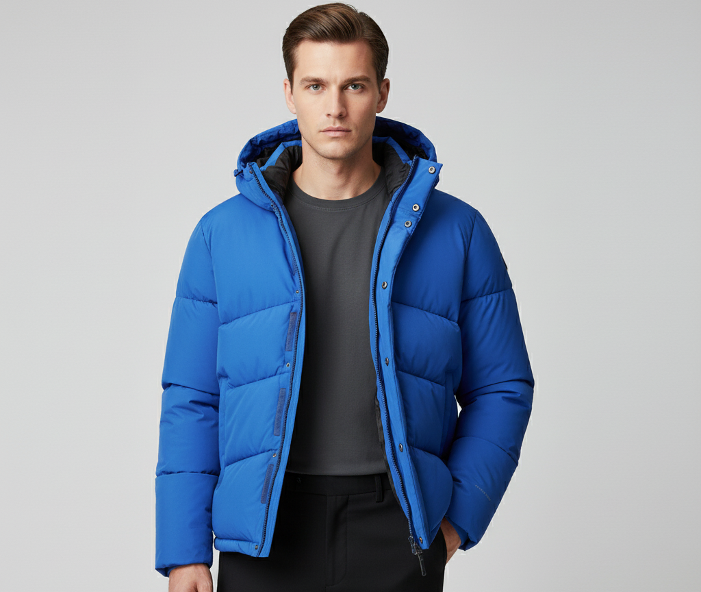 Men's Blue Puffer Jacket with Hood