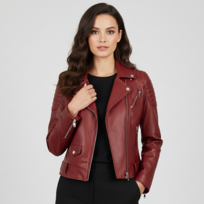 Red Leather Biker Jacket Womens​