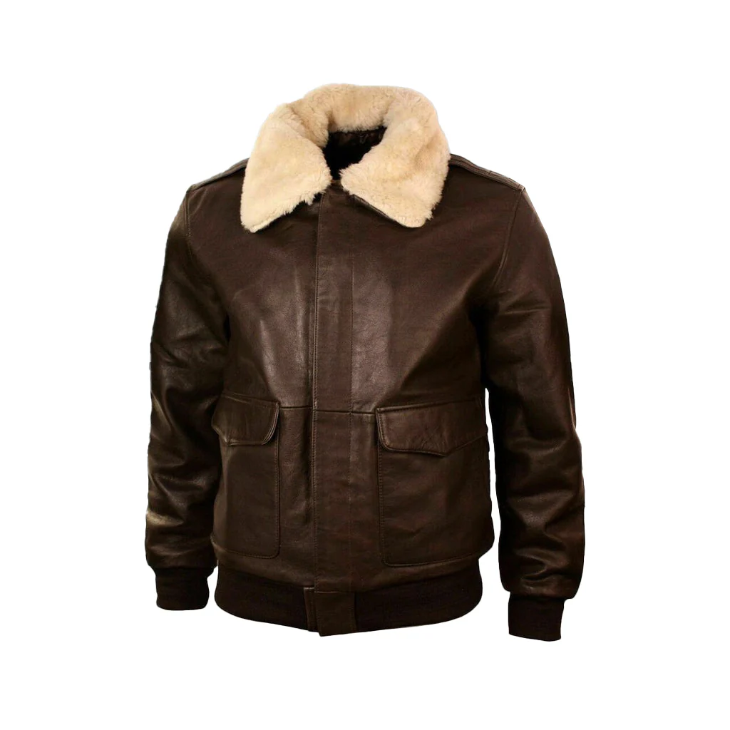 Brown leather aviator jacket with shearling collar for men