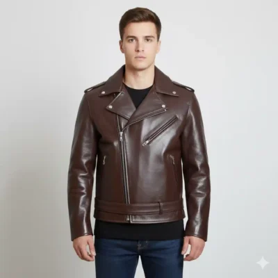 Men’s brown leather biker jacket 3