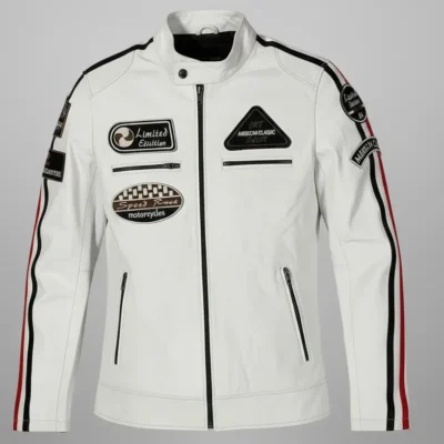 Men’s white leather motorcycle jacket with racing patches and zip closure