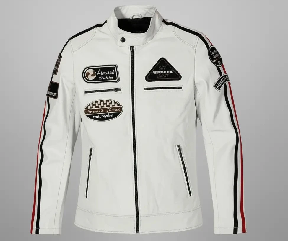 Men’s white leather motorcycle jacket with racing patches and zip closure