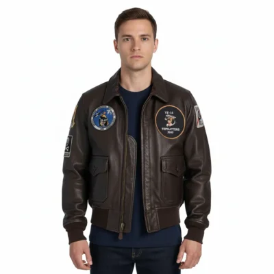 Vintage brown aviator leather jacket with WWII-style patches