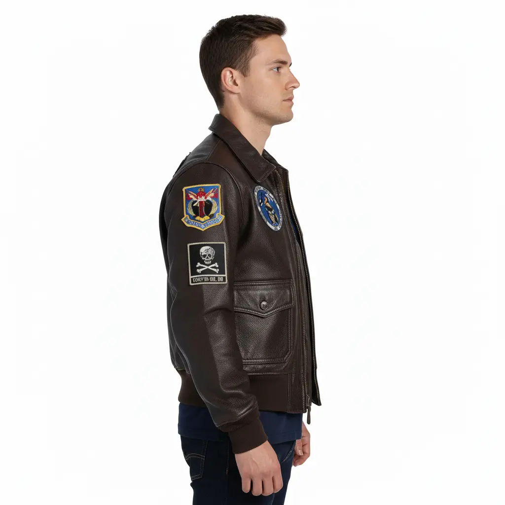 Vintage brown aviator leather jacket with WWII-style patches 3
