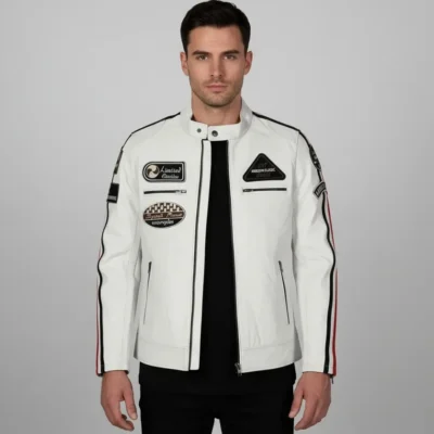 Men’s White Racing Leather Jacket – Vintage Biker Style UK