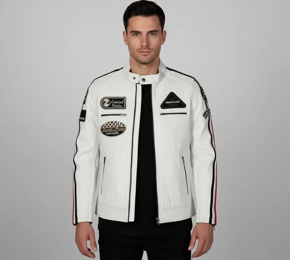 Men’s white leather motorcycle jacket with racing patches and zip closure
